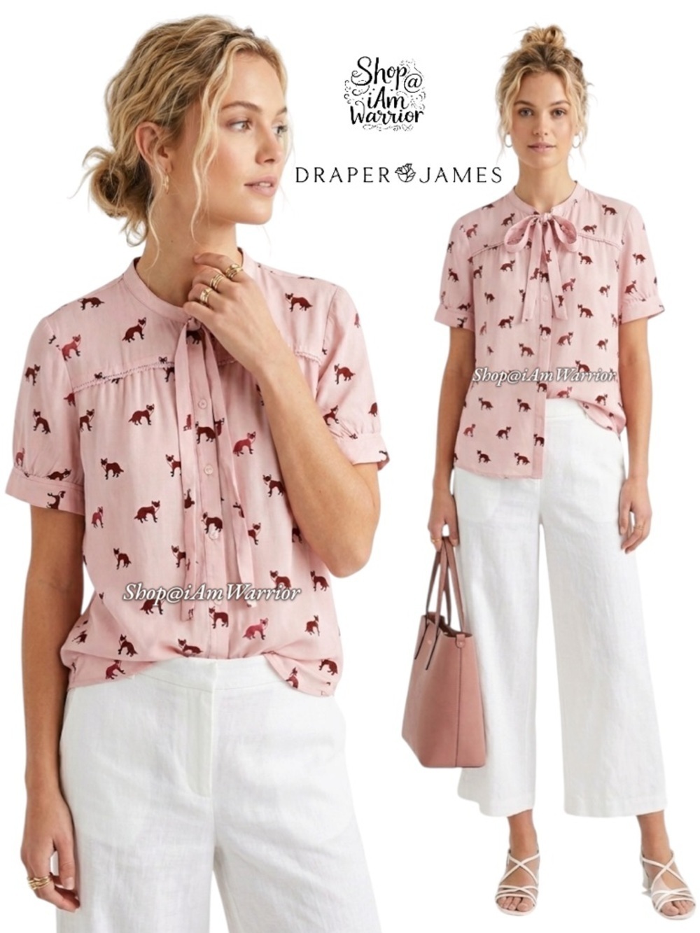 Draper James fox print tie neck blush silk blend top *shop@iamwarrior